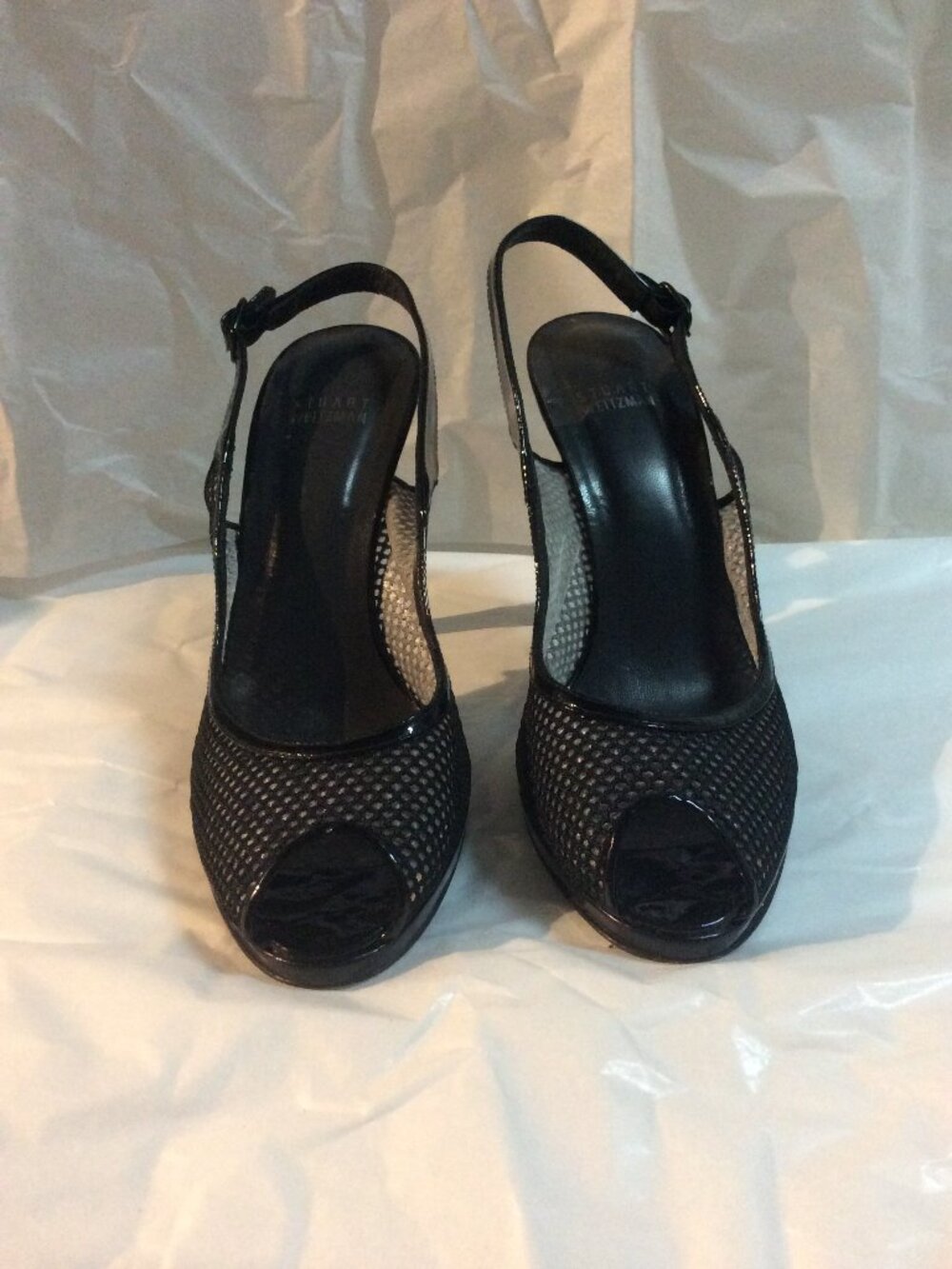 Stuart Weitzman Black Mesh Peep Toe Slingback Pumps Heels Size 9.5